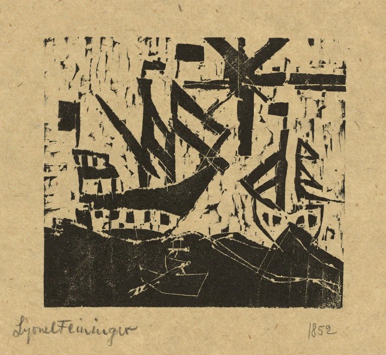 Auf diesem Bild ist das folgende Kunstwerk zu sehen: Lyonel Feininger. „Schiffe und Sonne, 1“. 1918.