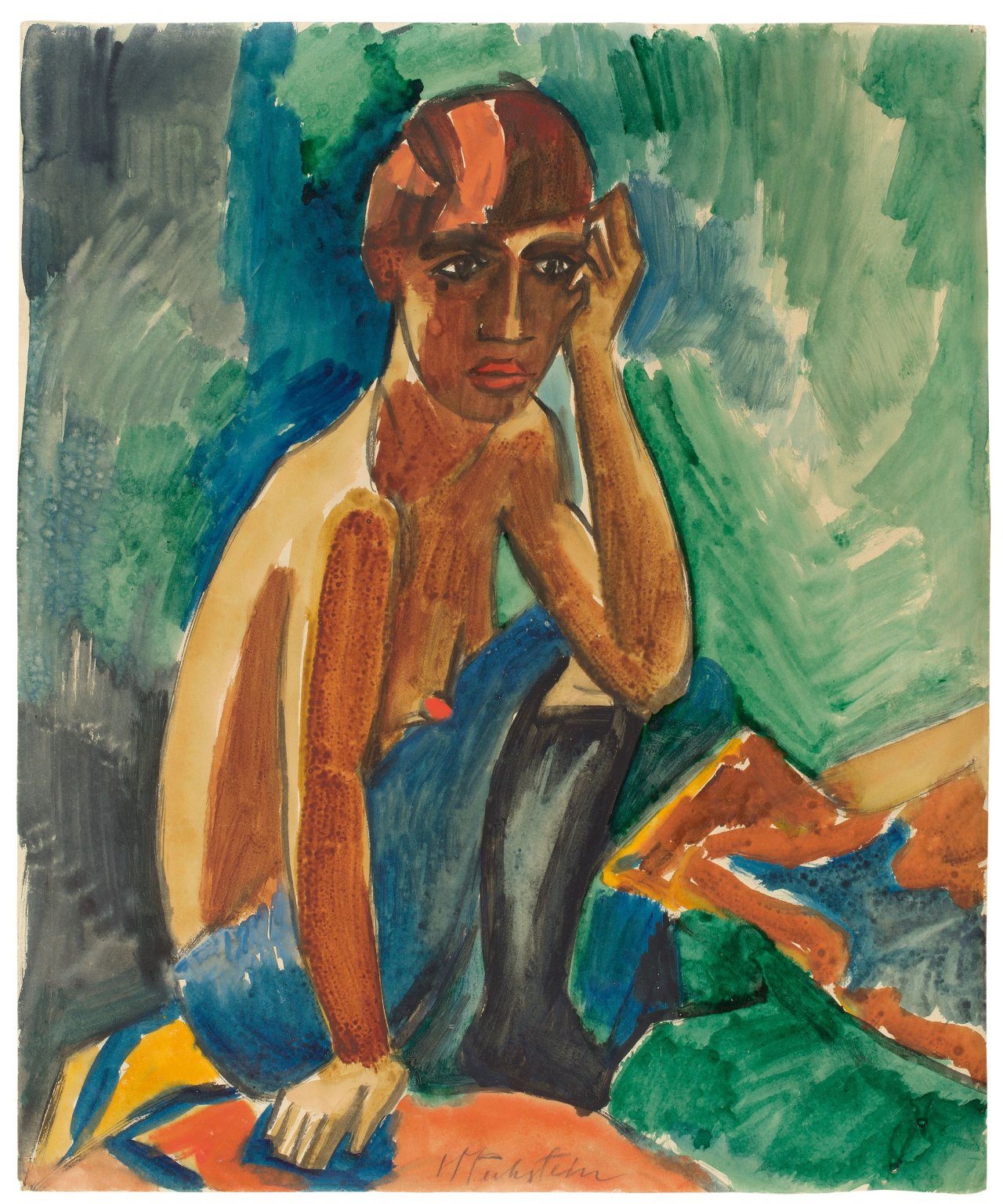 Auf diesem Bild ist das folgende Kunstwerk zu sehen: Max Pechstein. Sitzender weiblicher Akt. Um 1920.