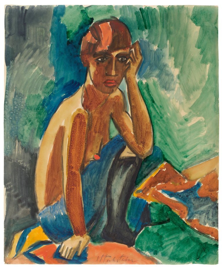 Auf diesem Bild ist das folgende Kunstwerk zu sehen: Max Pechstein. Sitzender weiblicher Akt. Um 1920.