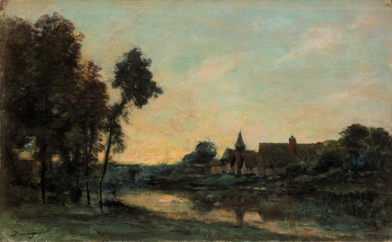 Auf diesem Bild ist das folgende Kunstwerk zu sehen: Charles-François Daubigny. Abend bei Portjoie. Um 1875.