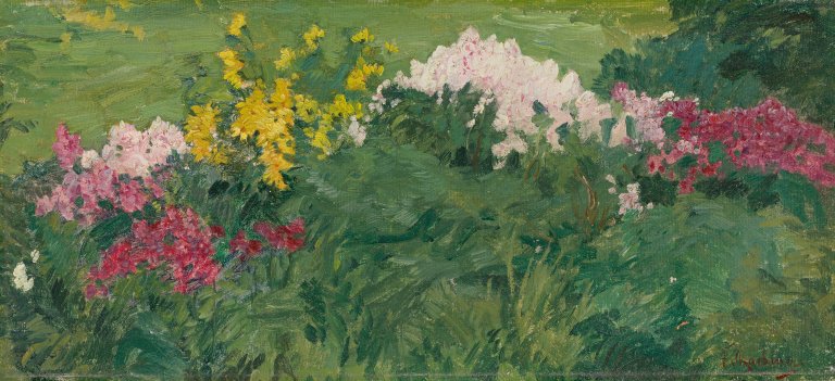 Auf diesem Bild ist das folgende Kunstwerk zu sehen: Franz Skarbina. „Sommerliche Blumenstauden“. 1910.
