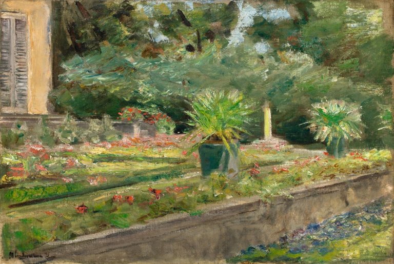 Auf diesem Bild ist das folgende Kunstwerk zu sehen: Max Liebermann. „Die Blumenterrasse im Wannseegarten nach Nordwesten“. 1915 (?).