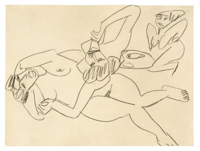 Auf diesem Bild ist das folgende Kunstwerk zu sehen: Ernst Ludwig Kirchner. Zwei weibliche Akte mit Skulptur. Um 1910.