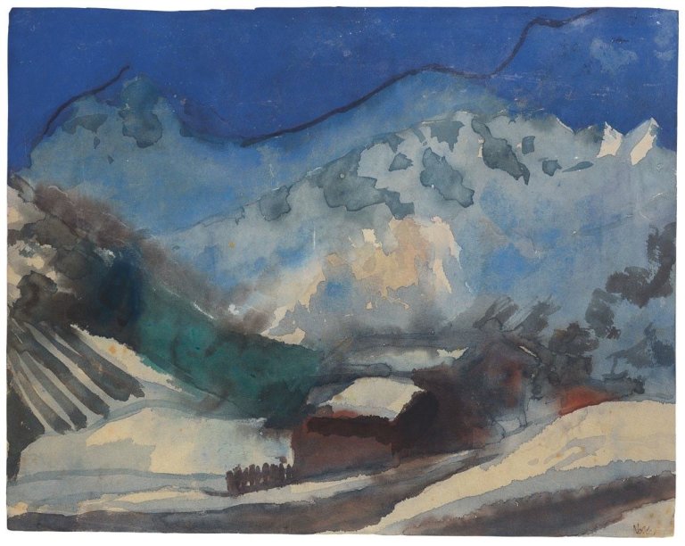 Auf diesem Bild ist das folgende Kunstwerk zu sehen: Emil Nolde. „Verschneite Alpenlandschaft und ein Berghaus“ (Schweiz). 1930.