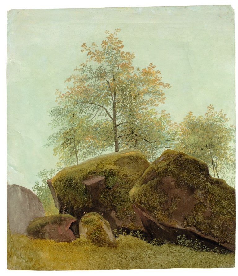 Auf diesem Bild ist das folgende Kunstwerk zu sehen:  Deutsch, um 1830. Felsengruppe vor Bäumen.