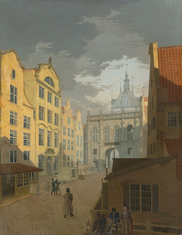 Auf diesem Bild ist das folgende Kunstwerk zu sehen:  Deutsch (?), um 1830/40. Die Langgasse in Danzig.