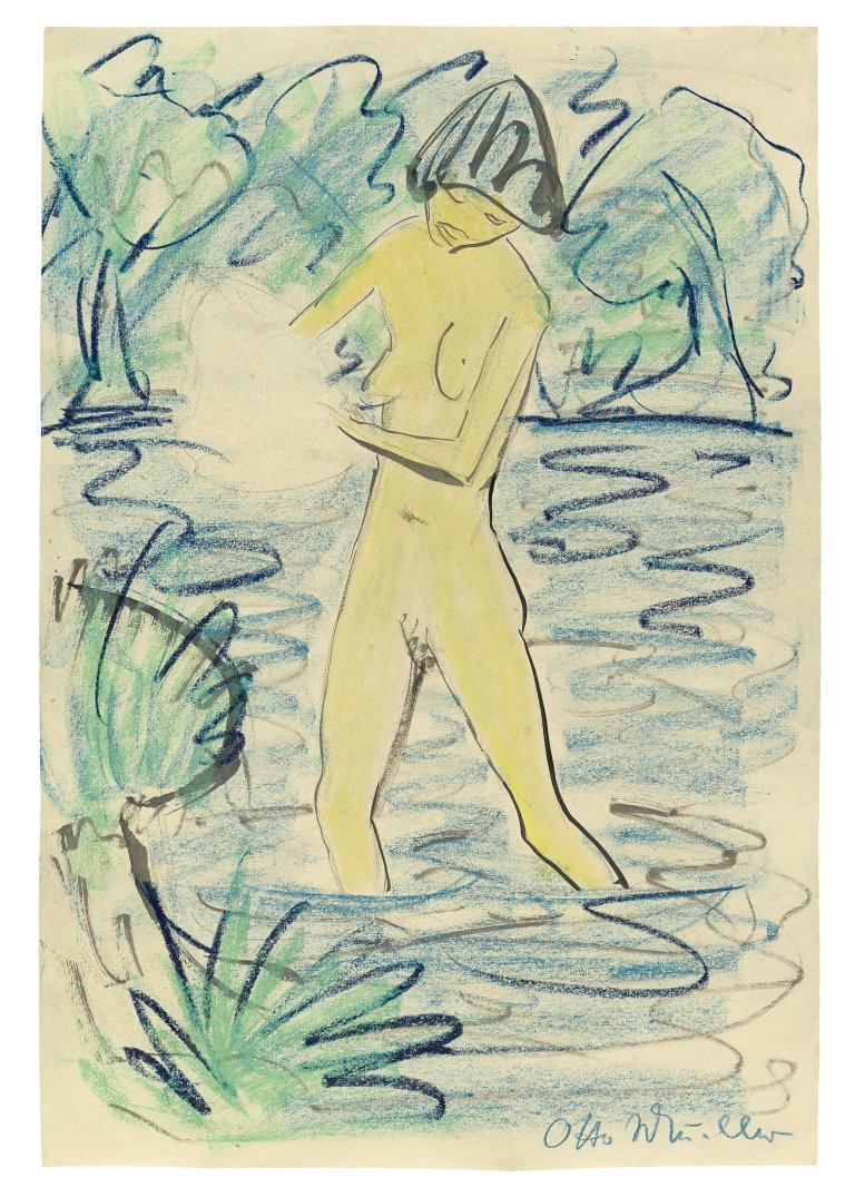 Auf diesem Bild ist das folgende Kunstwerk zu sehen: Otto Mueller. „Stehender Mädchenakt im Teich“. Um 1925.