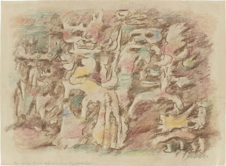 Auf diesem Bild ist das folgende Kunstwerk zu sehen: Willi Baumeister. „Aufzug der Giganten“ („Komposition auf grünem Ingres Papier“). 1944.