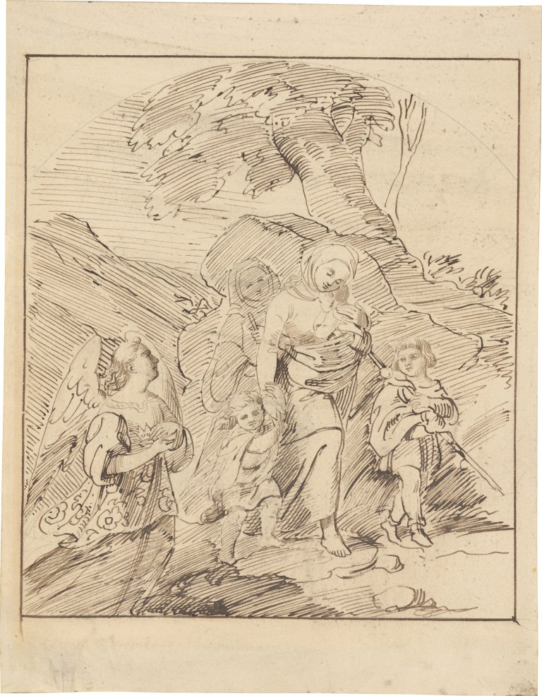 Auf diesem Bild ist das folgende Kunstwerk zu sehen: Ludwig Emil Grimm. „Die hl. Elisabeth verläßt 1227 die Wartburg mit ihren drei Kindern, gefolgt von einer Wärterin, geleitet von einem Engel“. Vor 1834.