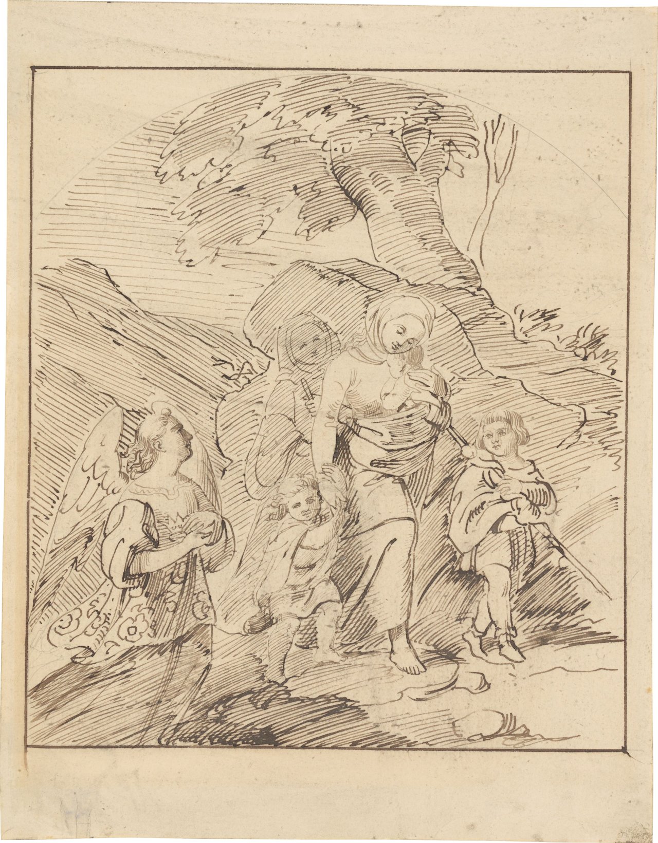 Auf diesem Bild ist das folgende Kunstwerk zu sehen: Ludwig Emil Grimm. „Die hl. Elisabeth verläßt 1227 die Wartburg mit ihren drei Kindern, gefolgt von einer Wärterin, geleitet von einem Engel“. Vor 1834.