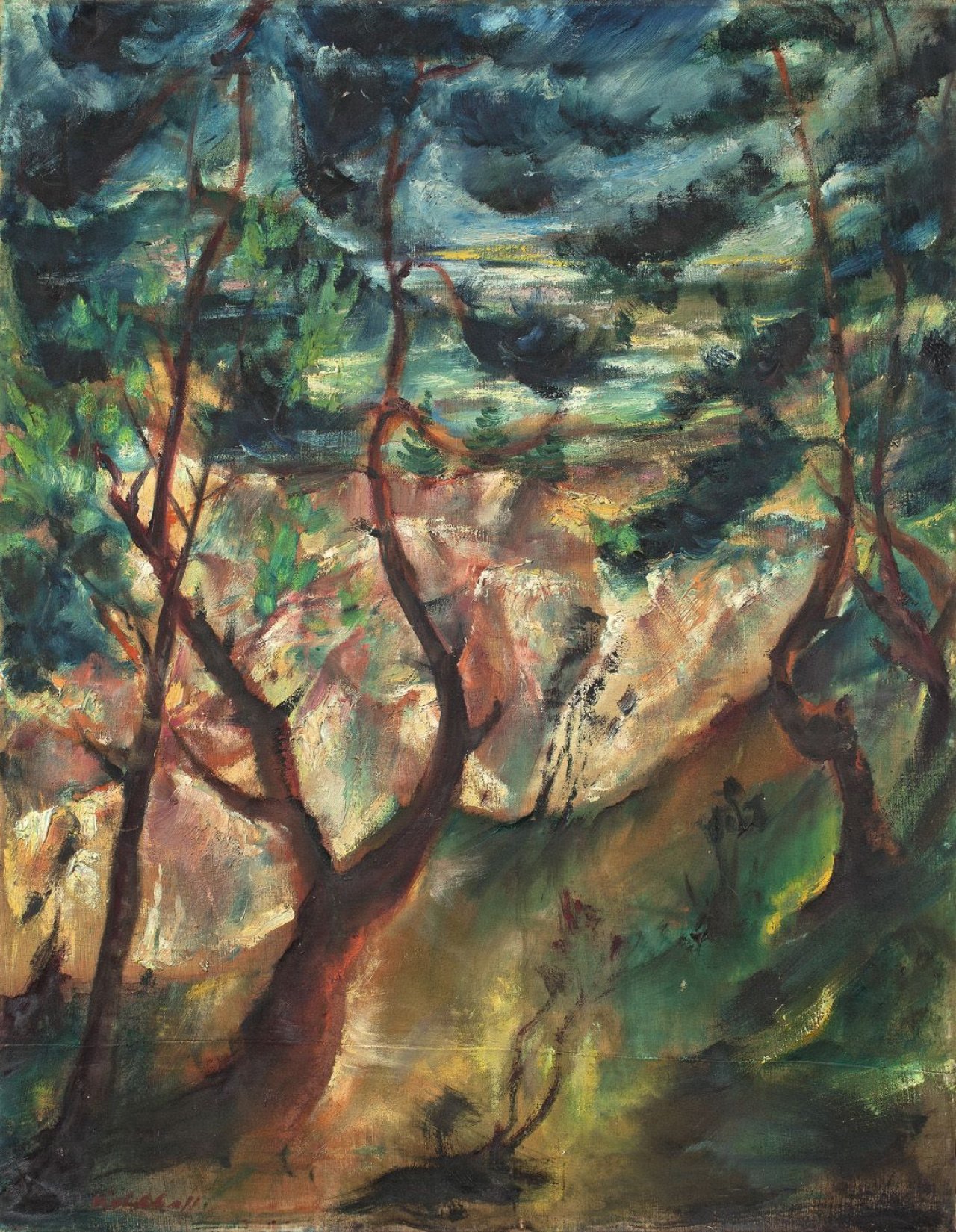 Auf diesem Bild ist das folgende Kunstwerk zu sehen: Wilhelm Kohlhoff. See hinter Bäumen. Um 1920.