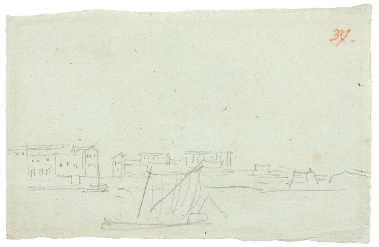 Auf diesem Bild ist das folgende Kunstwerk zu sehen: Karl Friedrich Schinkel. Küstenstadt mit Schiffen / Der Leuchtturm von Messina (2 Zeichnungen). Um 1803/05.