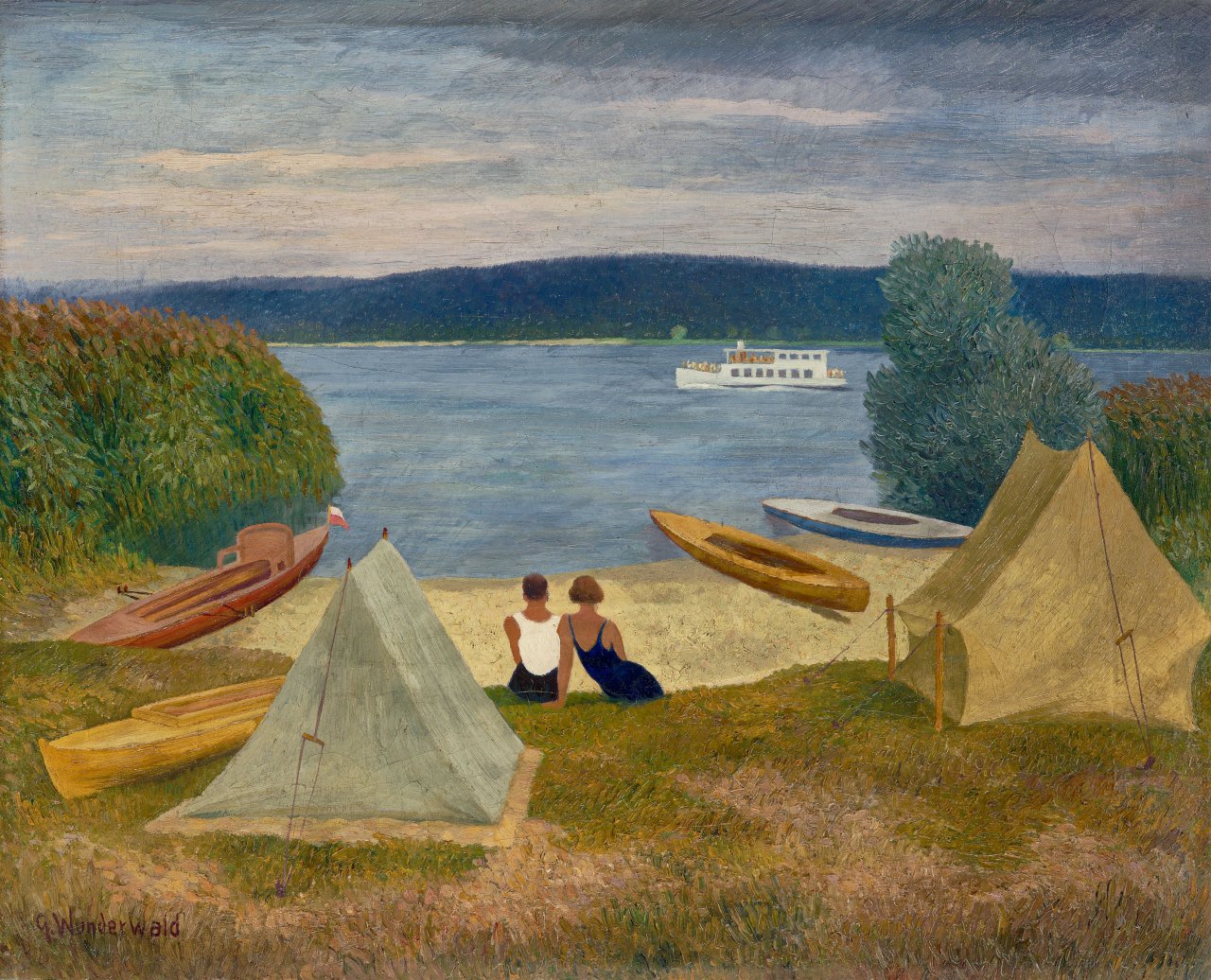 Auf diesem Bild ist das folgende Kunstwerk zu sehen: Gustav Wunderwald. „Wochenende am See“. Um 1930.