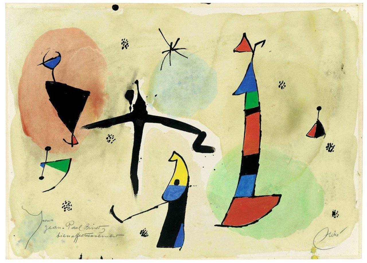This picture shows the following artwork: Joan Miró. „Personnages et oiseaux dans la nuit“. 1977.
