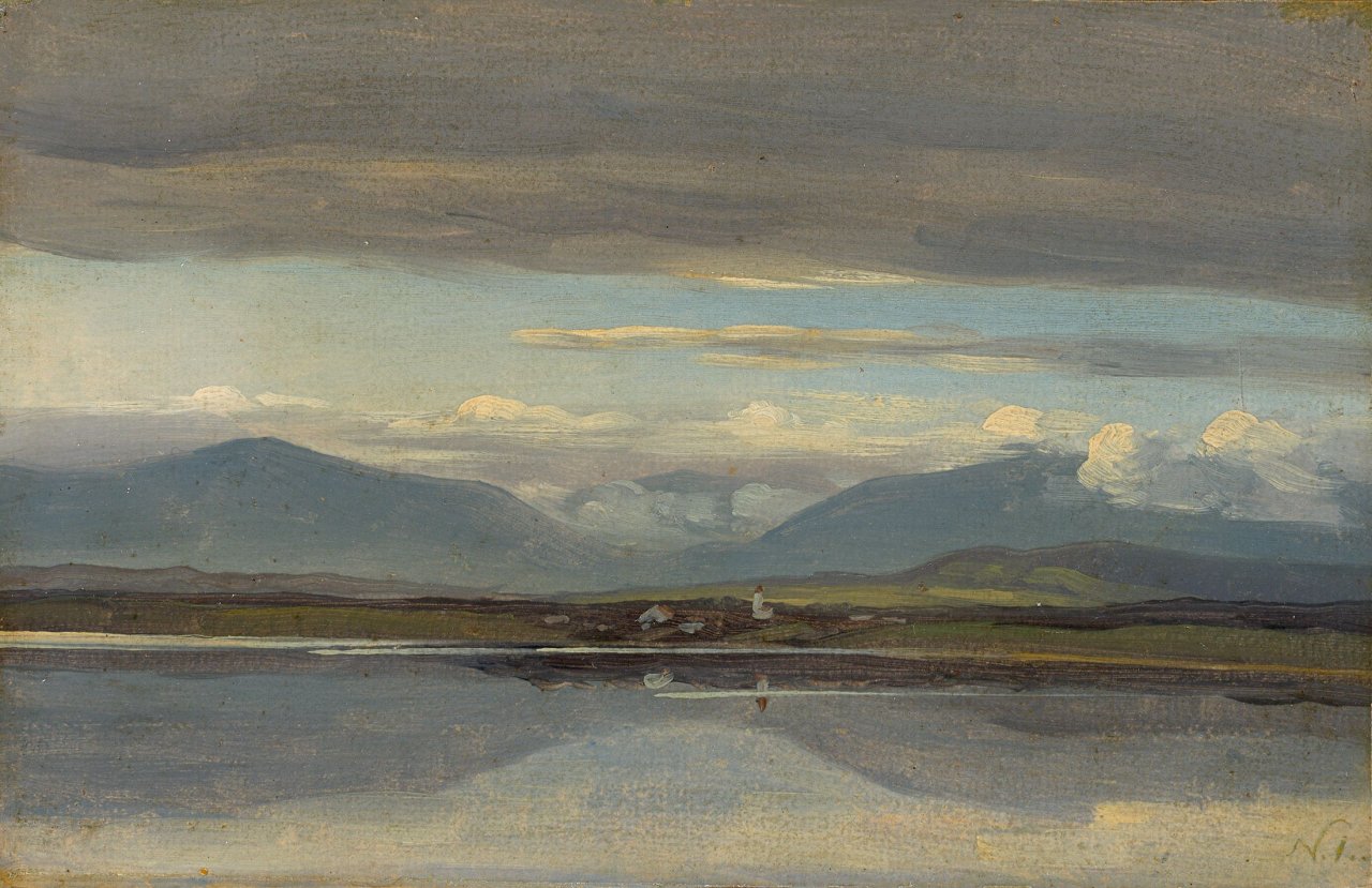 Auf diesem Bild ist das folgende Kunstwerk zu sehen: Friedrich Nerly d. Ä.. Blick auf Seeshaupt am Starnberger See. 1828.