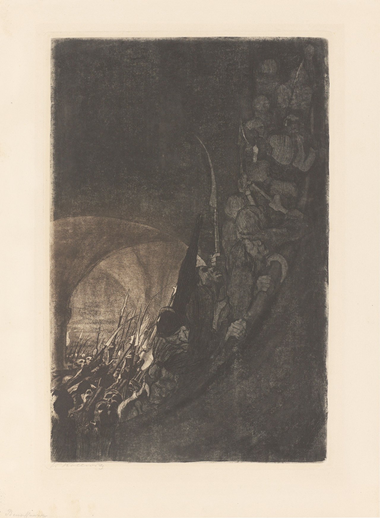 Auf diesem Bild ist das folgende Kunstwerk zu sehen: Käthe Kollwitz. „Bewaffnung in einem Gewölbe“. 1906.