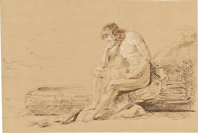 Auf diesem Bild ist das folgende Kunstwerk zu sehen: Johann Heinrich Wilhelm Tischbein. Der Jüngling denkt über den Bau eines Bootes nach (nach Salomon Gessners „Der erste Schiffer“). Nach Heinrich Friedrich Füger. Nach 1796.