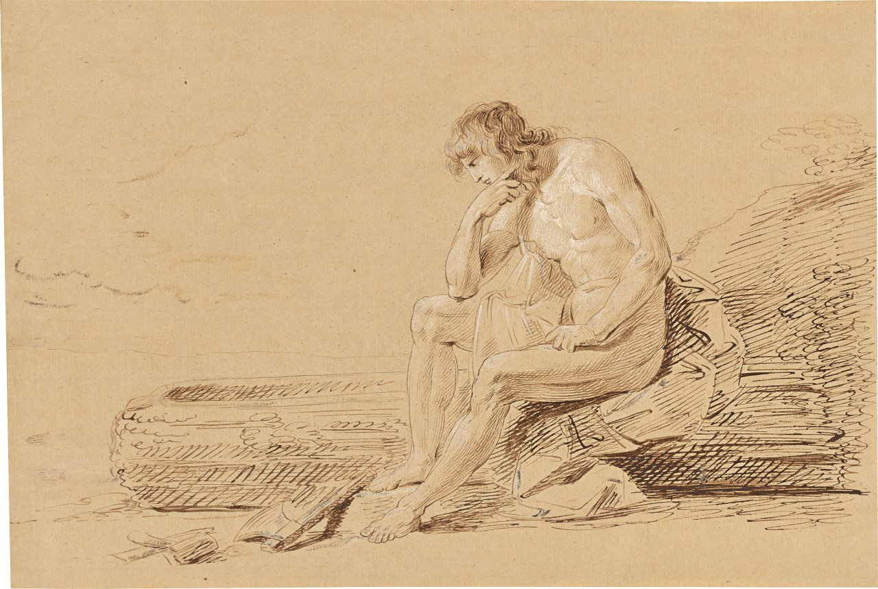 Auf diesem Bild ist das folgende Kunstwerk zu sehen: Johann Heinrich Wilhelm Tischbein. Der Jüngling denkt über den Bau eines Bootes nach (nach Salomon Gessners „Der erste Schiffer“). Nach Heinrich Friedrich Füger. Nach 1796.