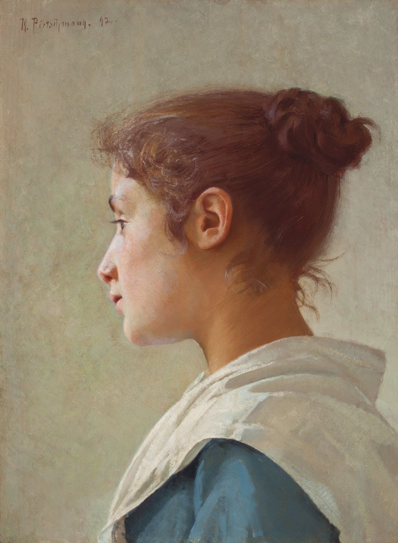 Auf diesem Bild ist das folgende Kunstwerk zu sehen: Max Pietschmann. Frauenkopf im Profil nach links. 1892.