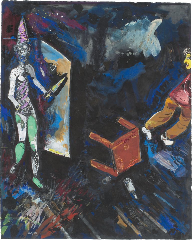 Auf diesem Bild ist das folgende Kunstwerk zu sehen: Marc Chagall. „La mort et le malheureux ou La mort et celui qui maudit son destin (Fables de La Fontaine)“. 1926.