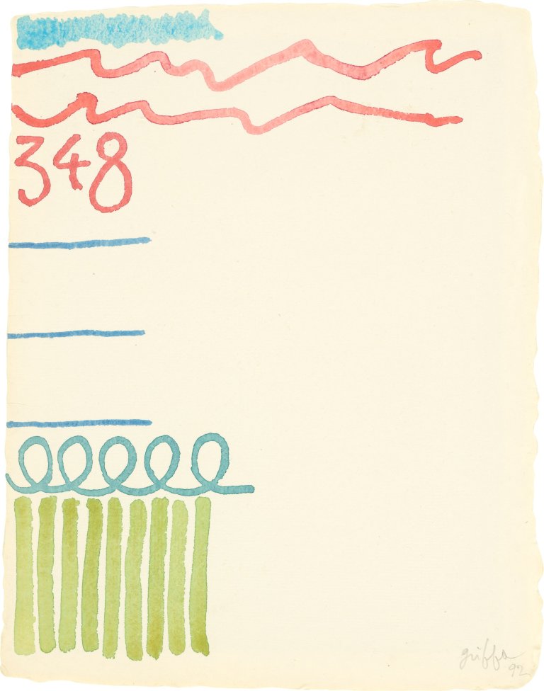 Auf diesem Bild ist das folgende Kunstwerk zu sehen: Giorgio Griffa. Tre linee con arabesco 348. 1992.