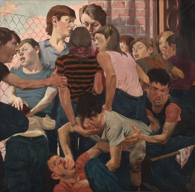 Auf diesem Bild ist das folgende Kunstwerk zu sehen: Johannes Grützke. „Der Schulhof“. 1980.