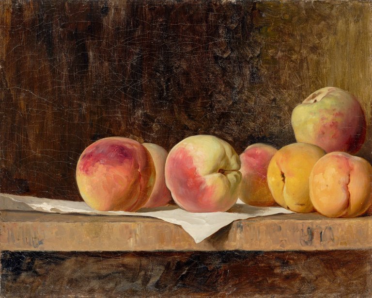 Auf diesem Bild ist das folgende Kunstwerk zu sehen:  Französisch, um 1880. Stilleben mit Pfirsichen.