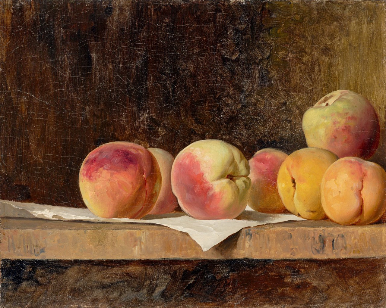 Auf diesem Bild ist das folgende Kunstwerk zu sehen:  Französisch, um 1880. Stilleben mit Pfirsichen.