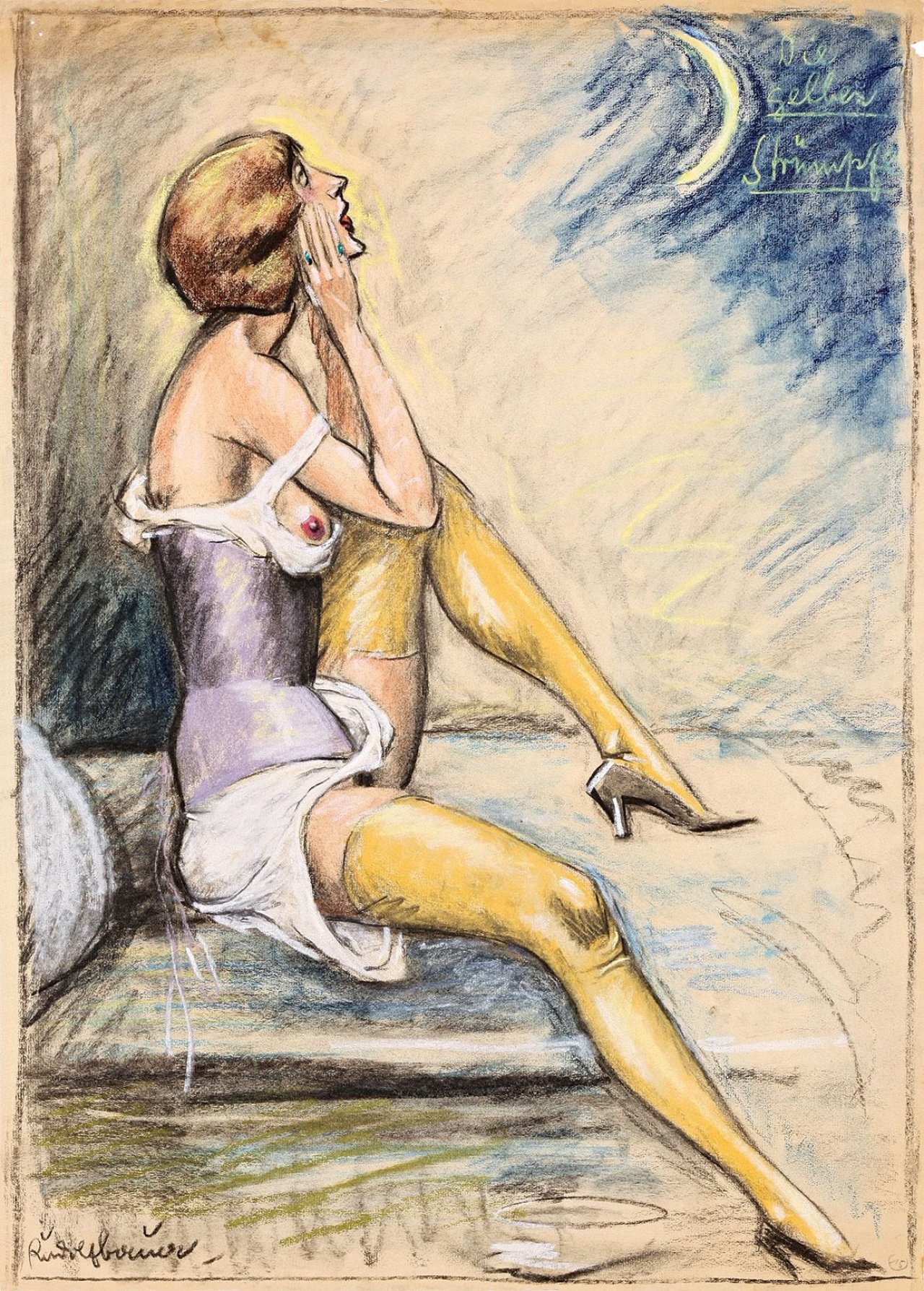 Auf diesem Bild ist das folgende Kunstwerk zu sehen: Rudolf Bauer. „Die gelben Strümpfe“. Um 1910.