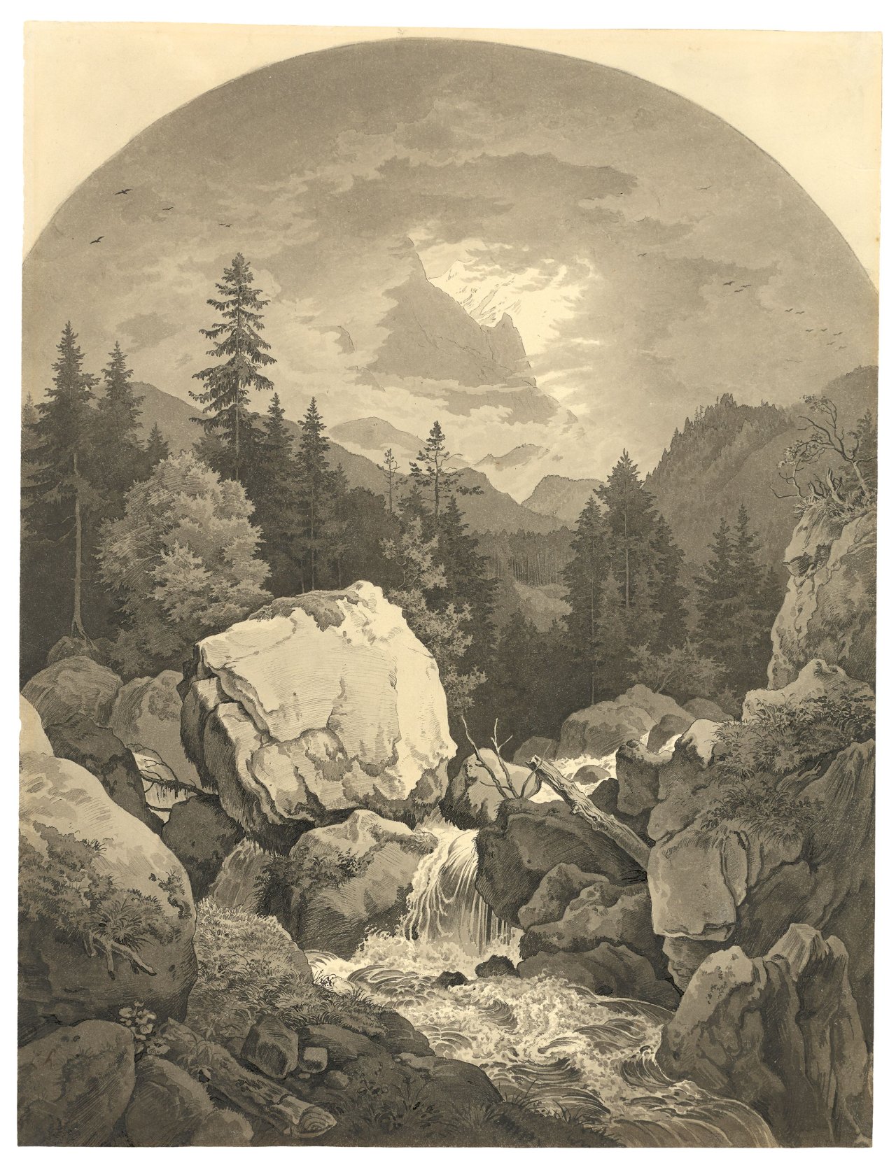 This picture shows the following artwork: Carl Wagner. Hochgebirgslandschaft mit Wildbach. Lauterbrunner Tal mit der Jungfrau?. Circa 1830.