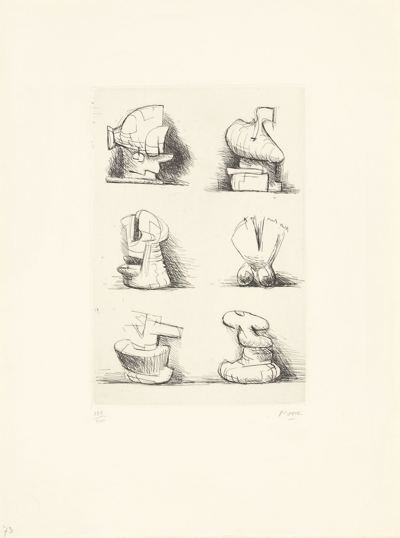 Auf diesem Bild ist das folgende Kunstwerk zu sehen: Henry Moore. „Six sculptures motives“ / „Reclining figure“. 1972/1975.