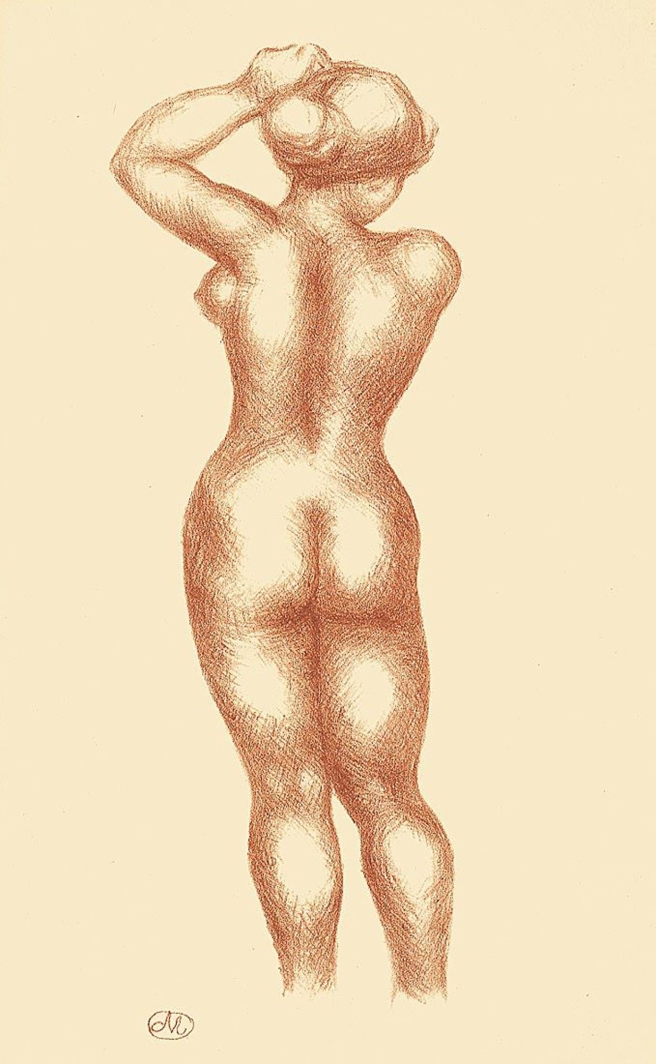 Auf diesem Bild ist das folgende Kunstwerk zu sehen: Aristide Maillol. „Femme nue de dos, bras gauche relevé au-dessus de la tête“.