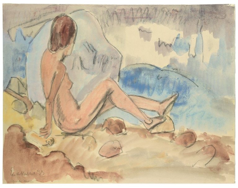 Auf diesem Bild ist das folgende Kunstwerk zu sehen: Erich Heckel. „Sitzendes Mädchen am Strand“. 1923.