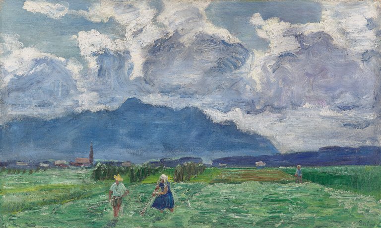 Auf diesem Bild ist das folgende Kunstwerk zu sehen: Arnold Balwé. „Heuernte Feldwies“. 1938.