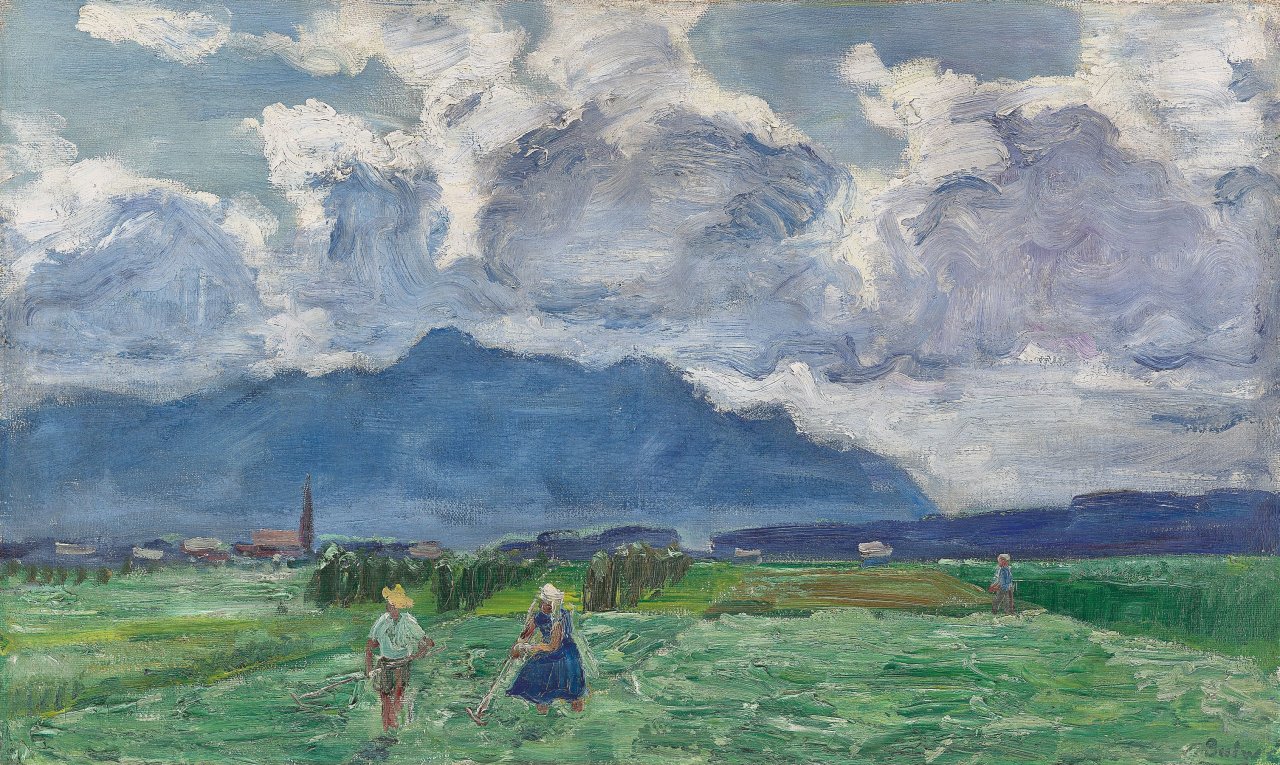 Auf diesem Bild ist das folgende Kunstwerk zu sehen: Arnold Balwé. „Heuernte Feldwies“. 1938.