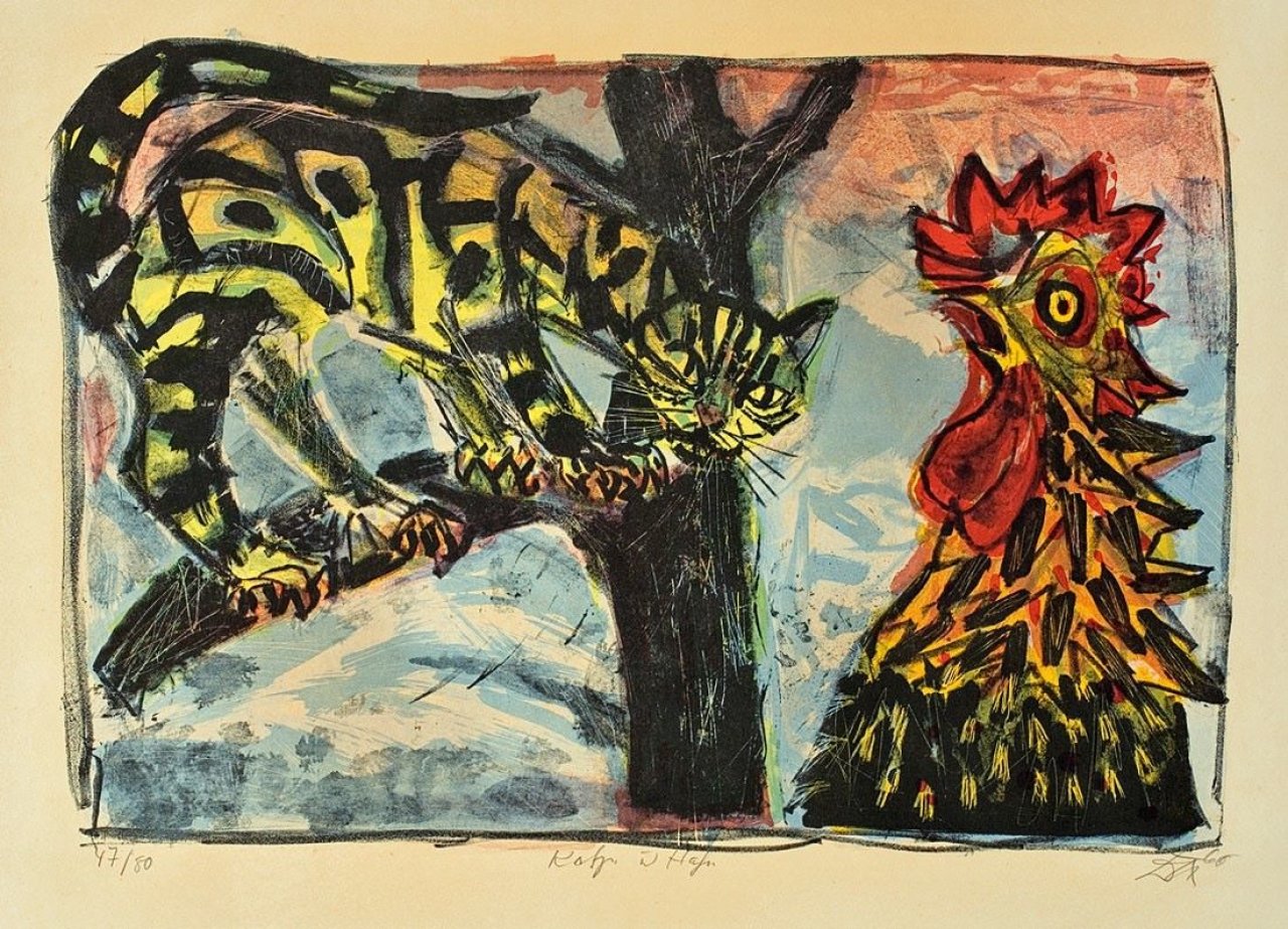 Auf diesem Bild ist das folgende Kunstwerk zu sehen: Otto Dix. „Katze und Hahn“. 1960.