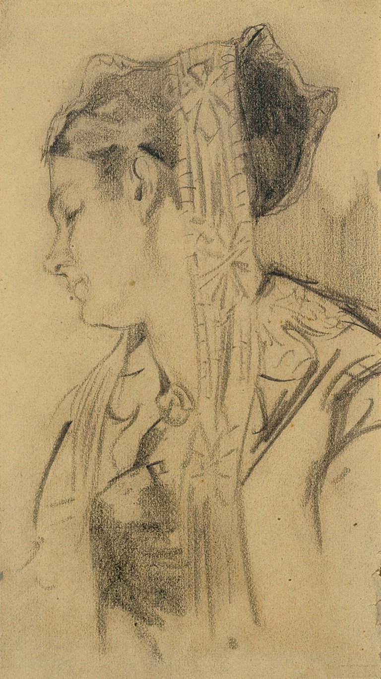 Auf diesem Bild ist das folgende Kunstwerk zu sehen: Adolph Menzel. Frau mit Haarband.