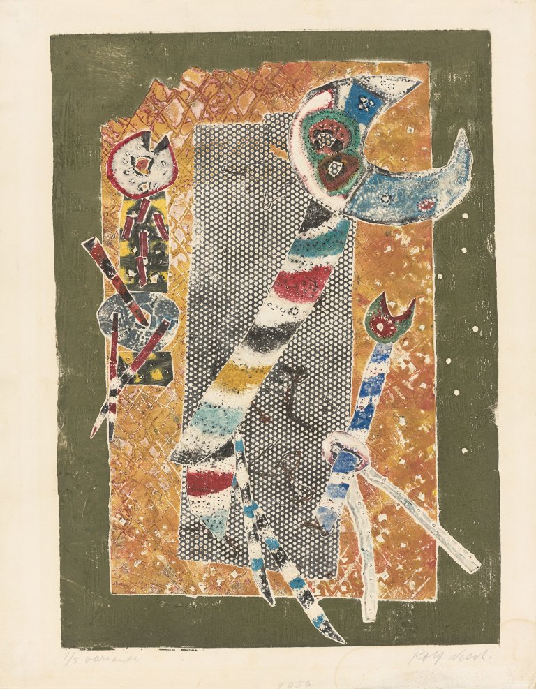 Auf diesem Bild ist das folgende Kunstwerk zu sehen: Rolf Nesch. Drei Vögel. 1956.