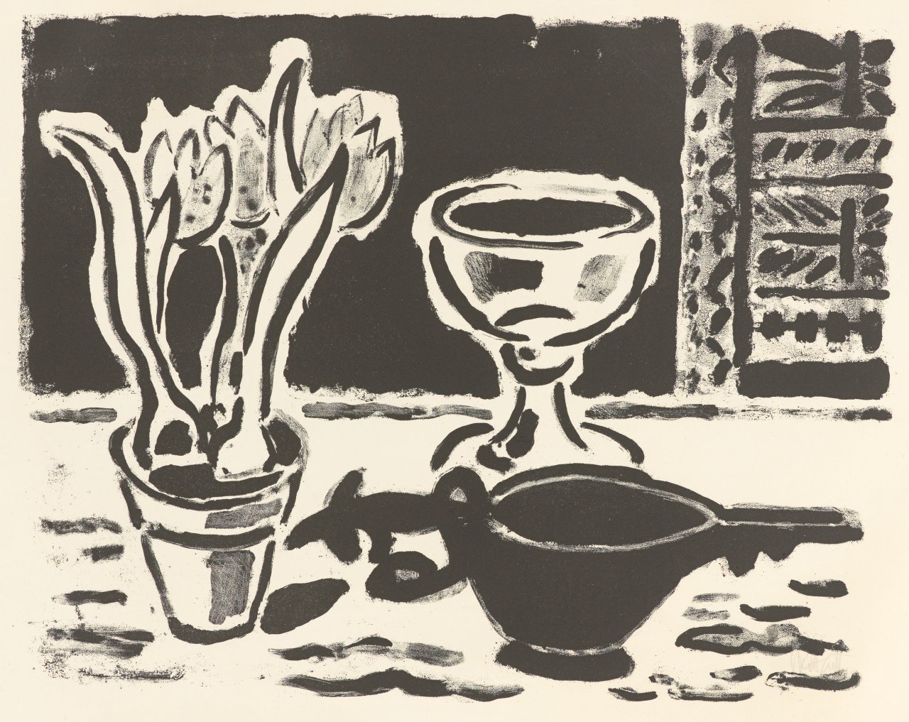 Auf diesem Bild ist das folgende Kunstwerk zu sehen: Karl Schmidt-Rottluff. „Stilleben mit Krokustopf“. 1953/54.