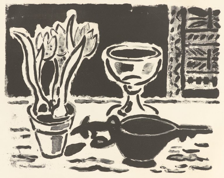 Auf diesem Bild ist das folgende Kunstwerk zu sehen: Karl Schmidt-Rottluff. „Stilleben mit Krokustopf“. 1953/54.