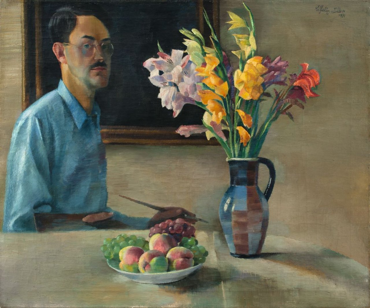 This picture shows the following artwork: Conrad Felixmüller. „Selbst, Blumen malend (Stilleben mit dem Maler selbst)“. 1931.