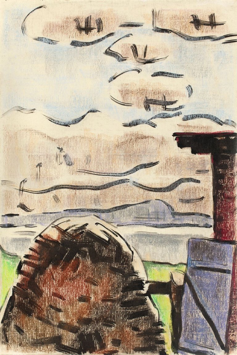 Auf diesem Bild ist das folgende Kunstwerk zu sehen: Karl Schmidt-Rottluff. Heuschober vor dem Revekol am Lebasee. Um 1940.