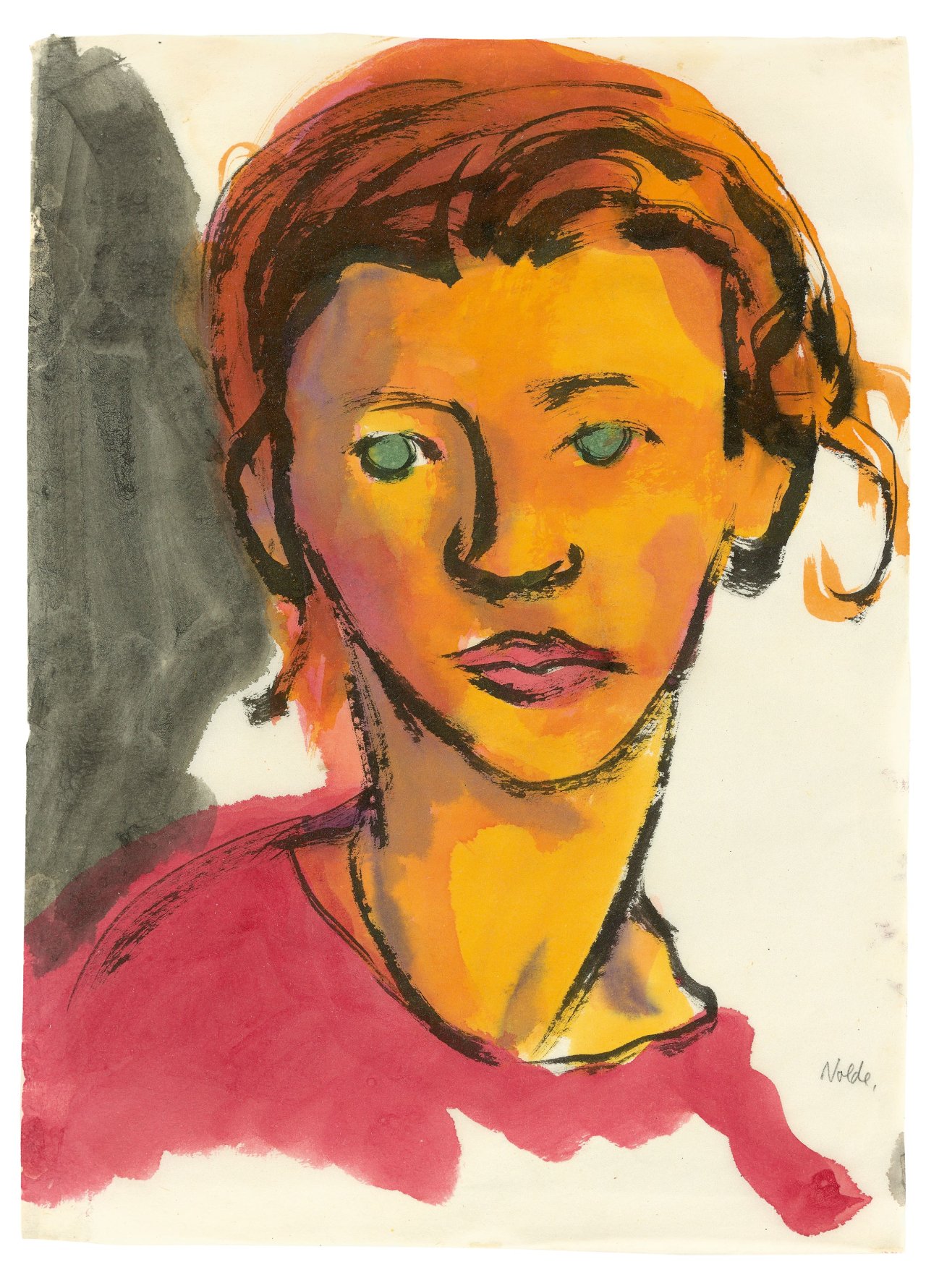 This picture shows the following artwork: Emil Nolde. ”Frauenbildnis (rotblondes Haar, grüne Augen)”. Circa 1920/21.