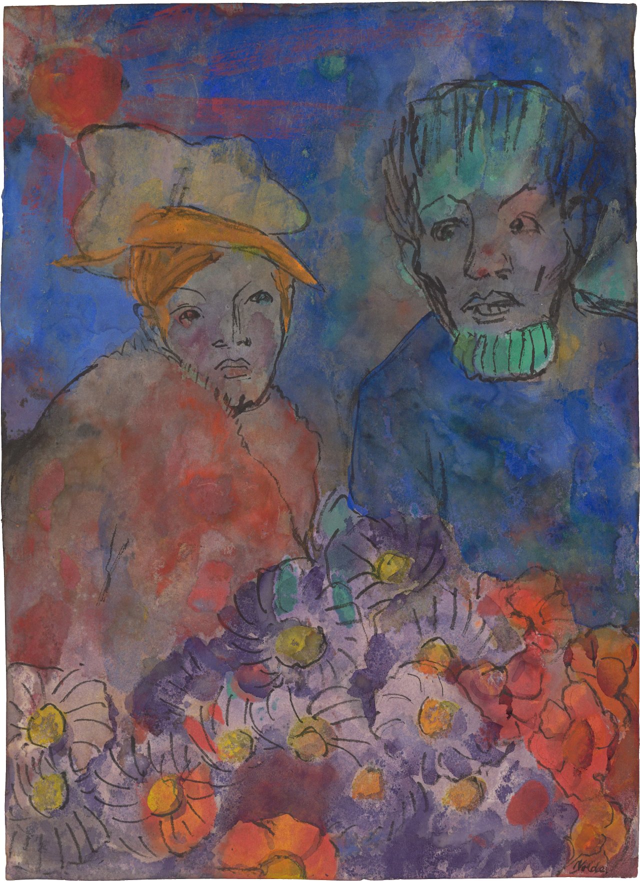 This picture shows the following artwork: Emil Nolde. ”Zwei Figuren mit Blumen”. 1930s.