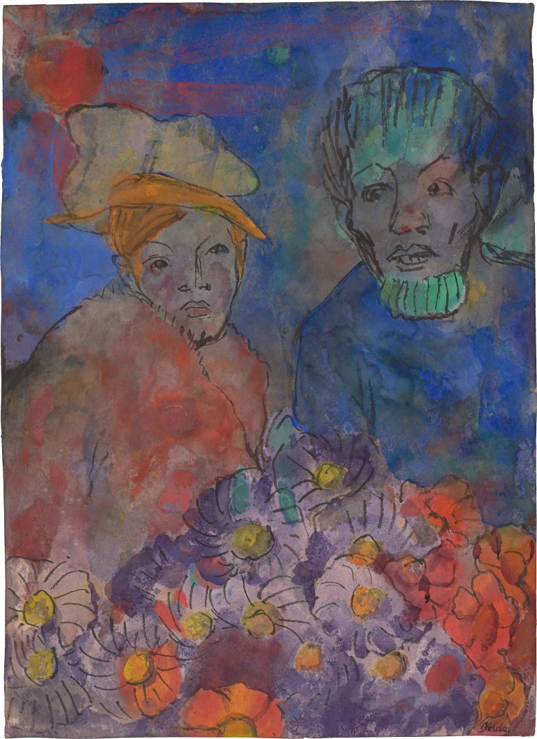 This picture shows the following artwork: Emil Nolde. ”Zwei Figuren mit Blumen”. 1930s.