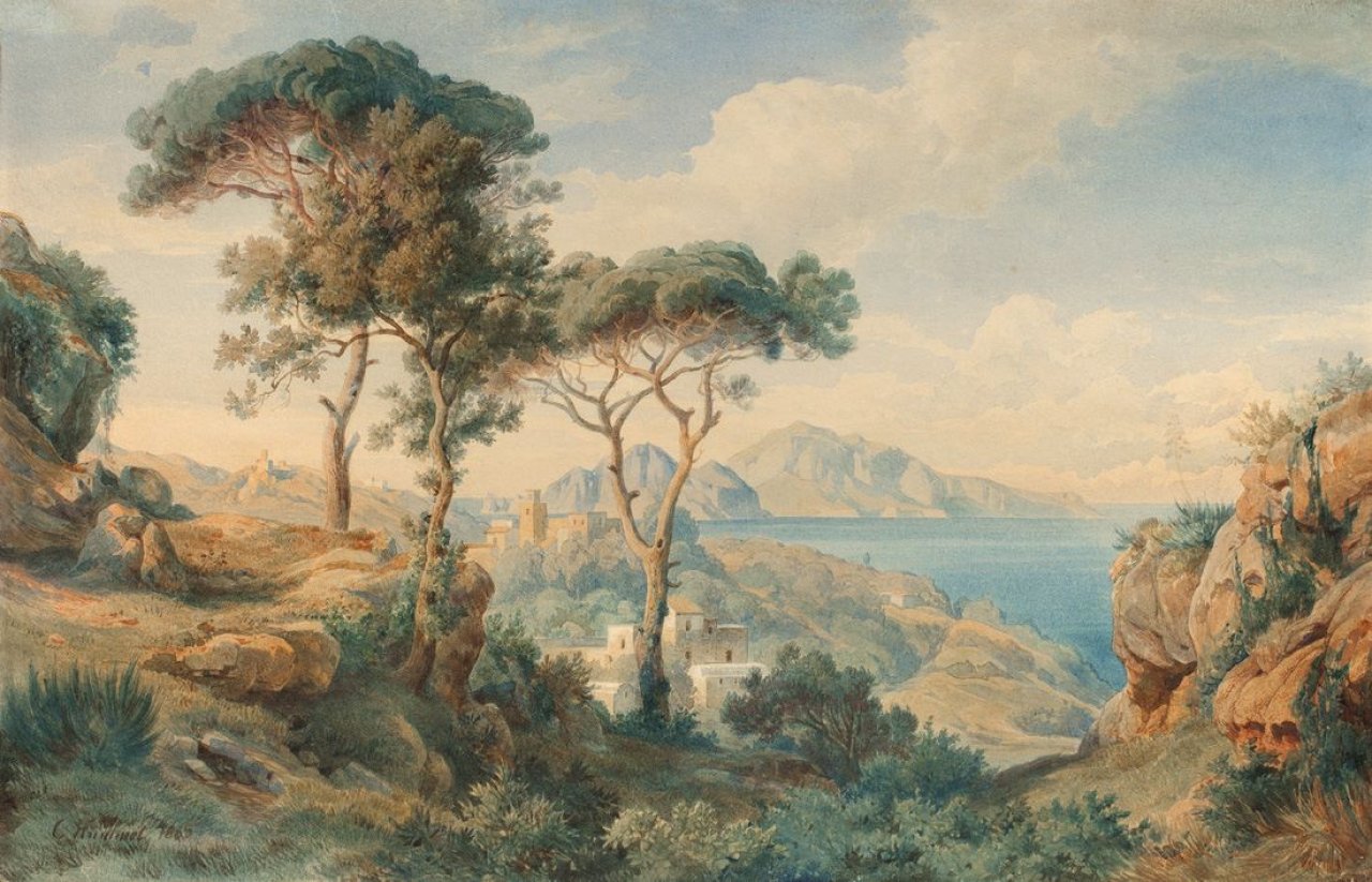 Auf diesem Bild ist das folgende Kunstwerk zu sehen: Carl Hummel. An der italienischen Küste. 1869.