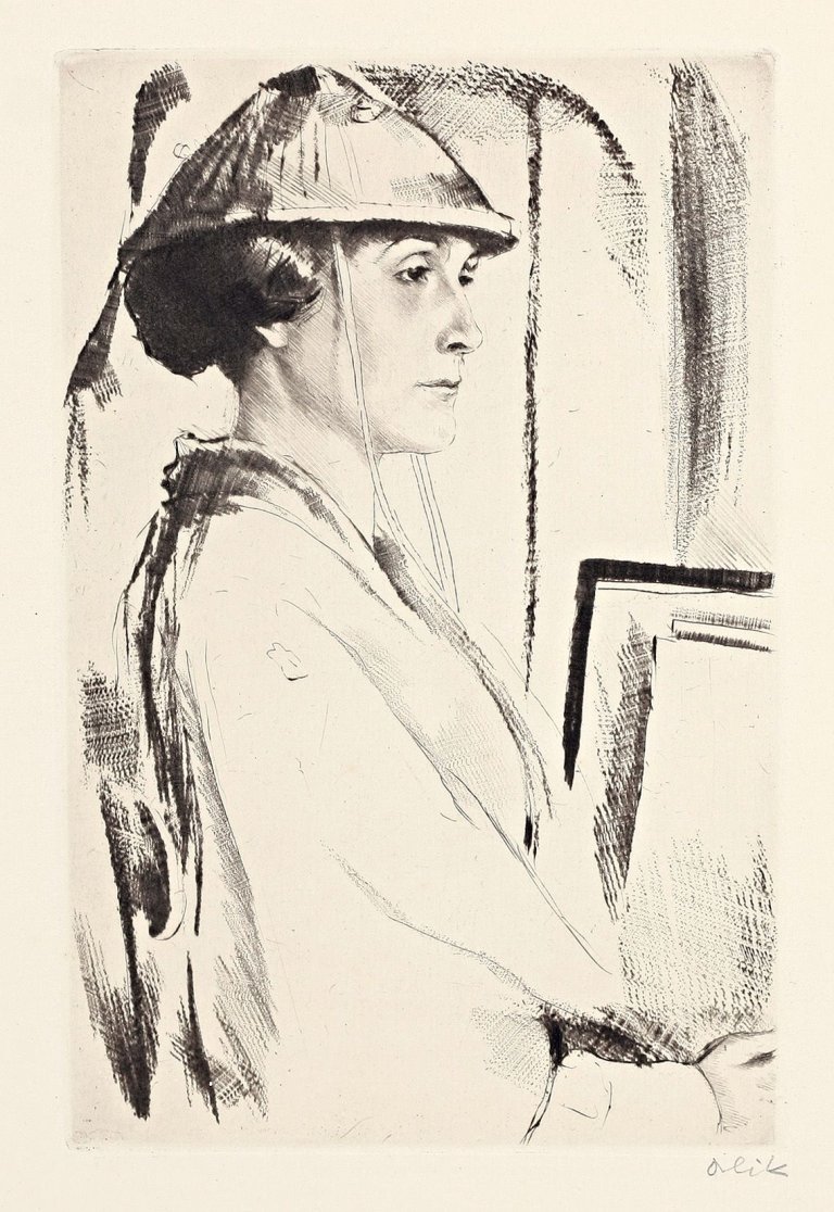 Auf diesem Bild ist das folgende Kunstwerk zu sehen: Emil Orlik. Hedda Behrens mit chinesischem Hut. 1915.
