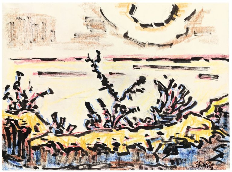 Auf diesem Bild ist das folgende Kunstwerk zu sehen: Karl Schmidt-Rottluff. Landschaft an der Ostsee. 1962.