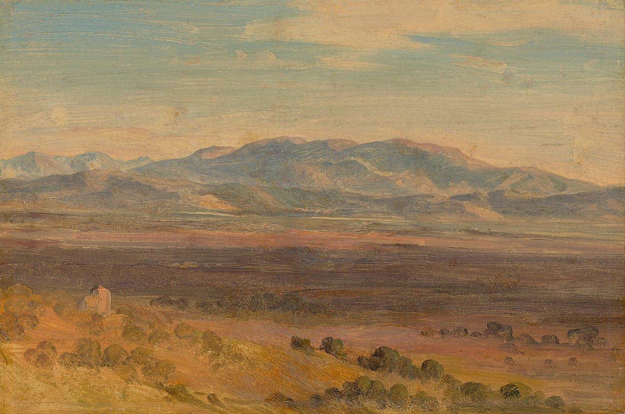 Auf diesem Bild ist das folgende Kunstwerk zu sehen:  Deutsch, um 1830/40. Blick über die Serpentara bei Olevano über das Sal des Sacco hiweg auf die Monti Volsci.