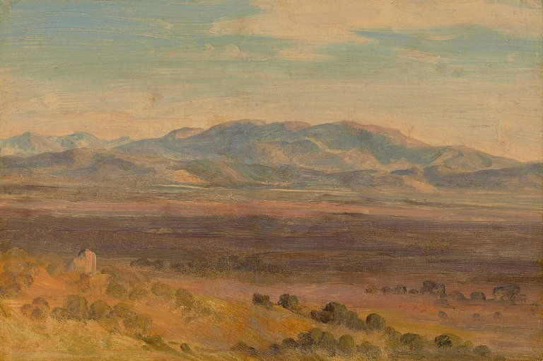 Auf diesem Bild ist das folgende Kunstwerk zu sehen:  Deutsch, um 1830/40. Blick über die Serpentara bei Olevano über das Sal des Sacco hiweg auf die Monti Volsci.